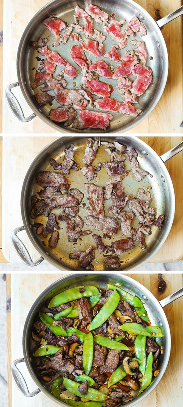 thịt bò xào nấm và đậu hà lan cách làm